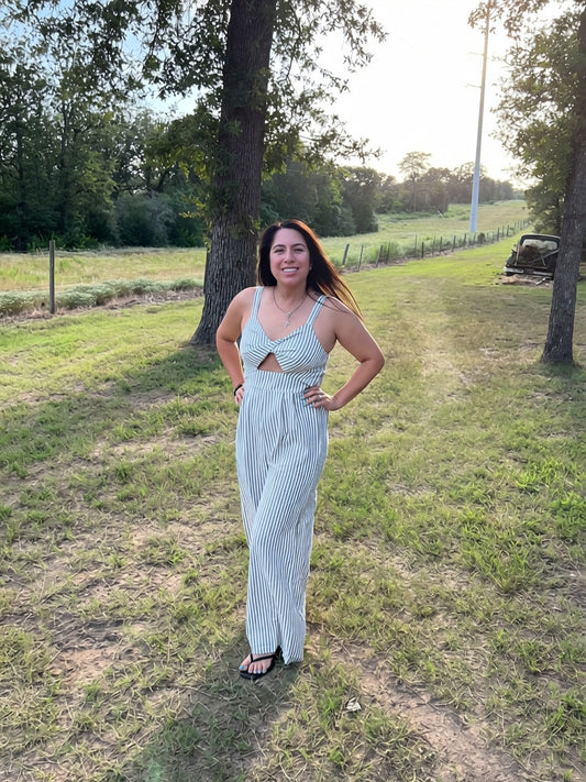 Striped Cutout Twist Front Wide Leg Jumpsuit