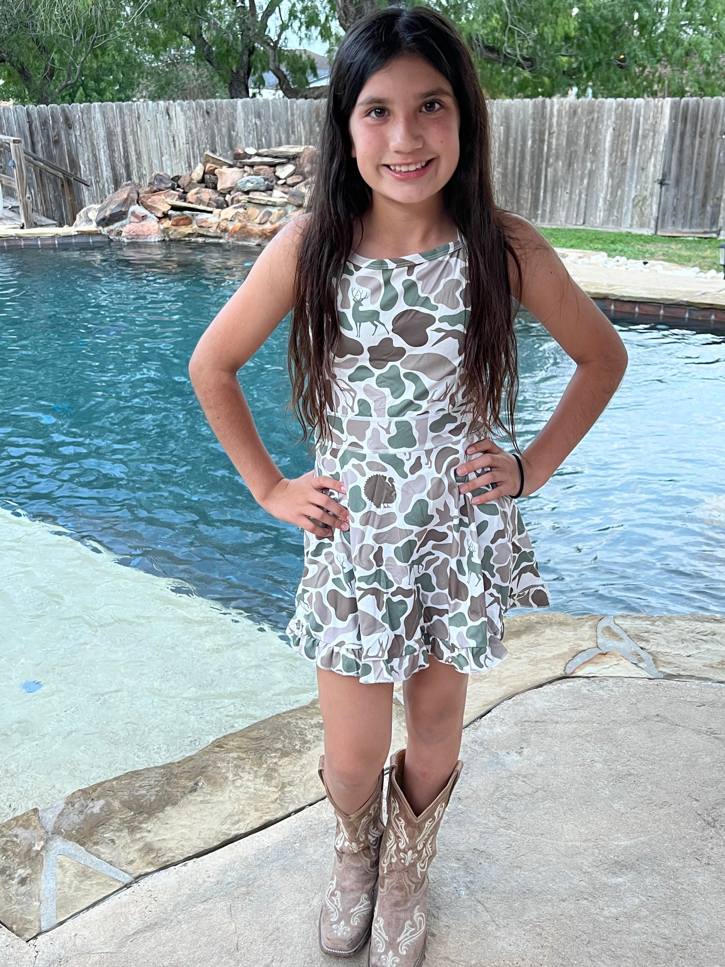 Deer duck camo straps ruffle girls athletic dress