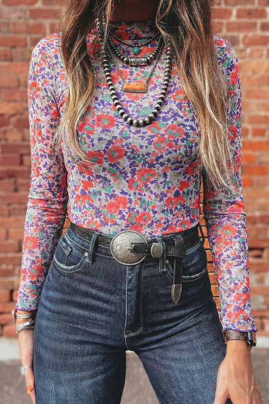 Slim Fit Mesh Long Sleeve Mock Neck Top