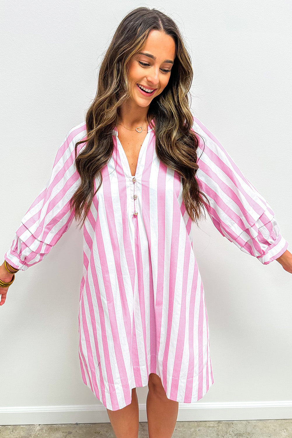 Rose Stripe Bracelet Sleeve Buttons Loose Mini Dress