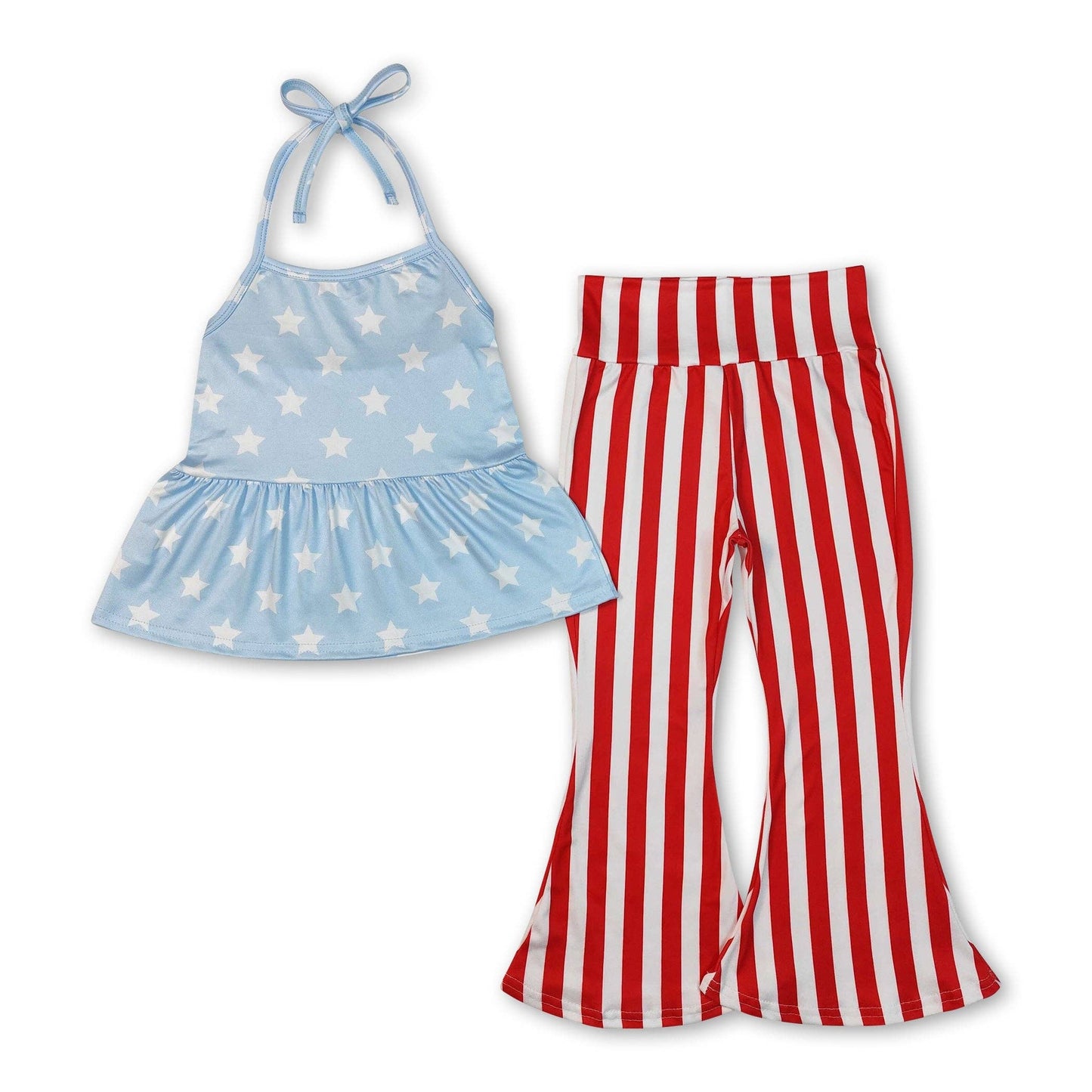 Girl's Light blue stars halter top stripe pants 4th of July Clothes