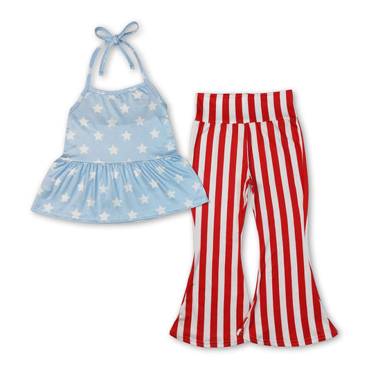 Girl's Light blue stars halter top stripe pants 4th of July Clothes