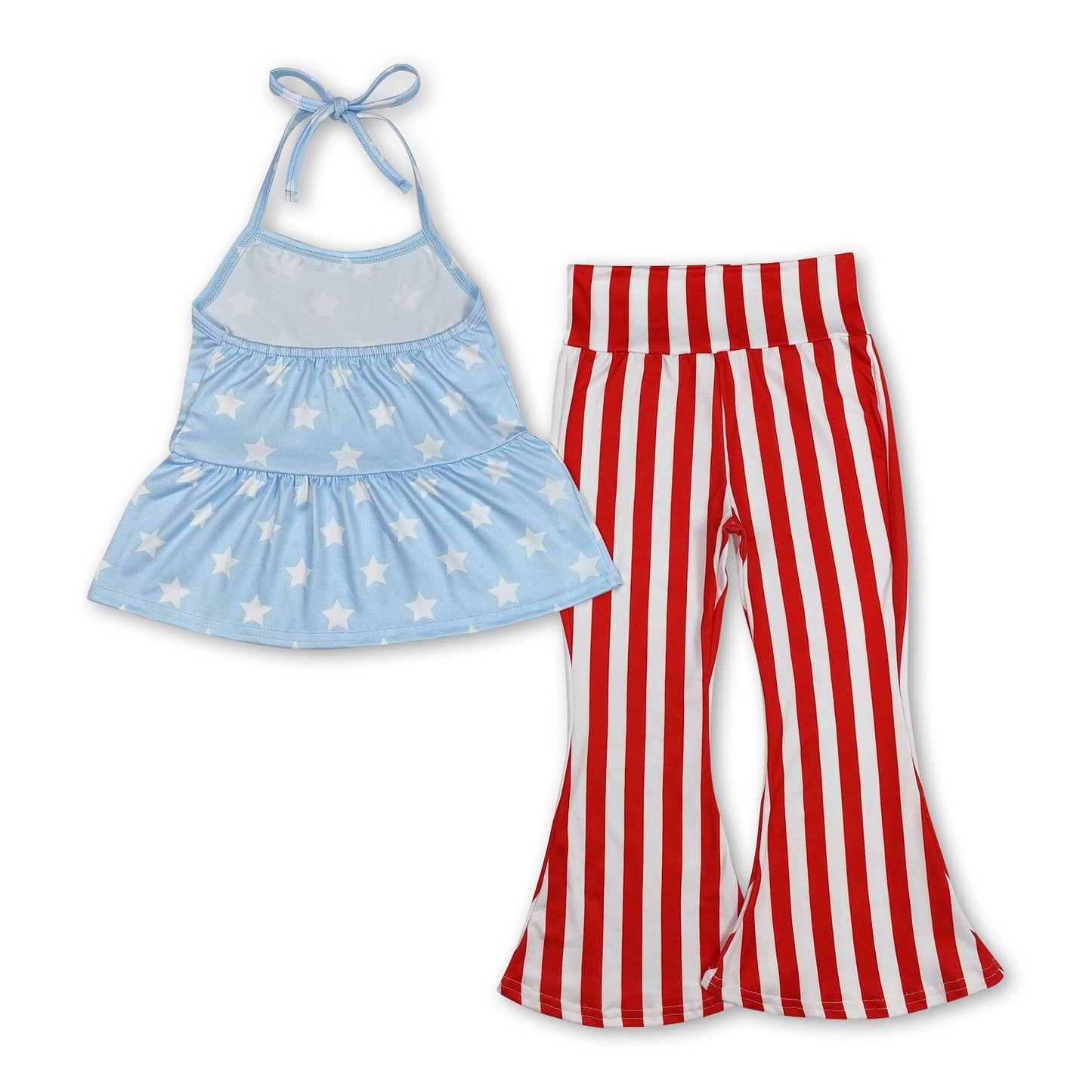Girl's Light blue stars halter top stripe pants 4th of July Clothes