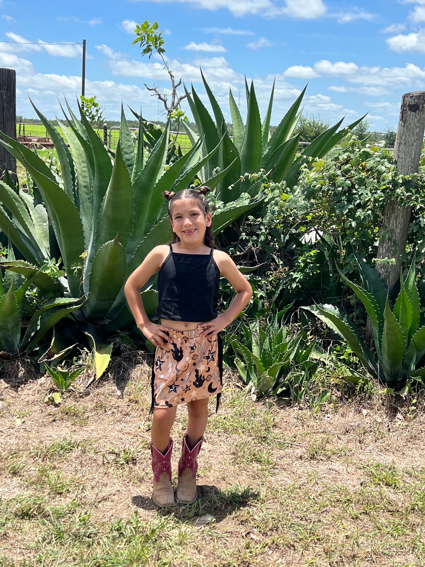 Sleeveless top bull skull cactus tassels skirt baby girls