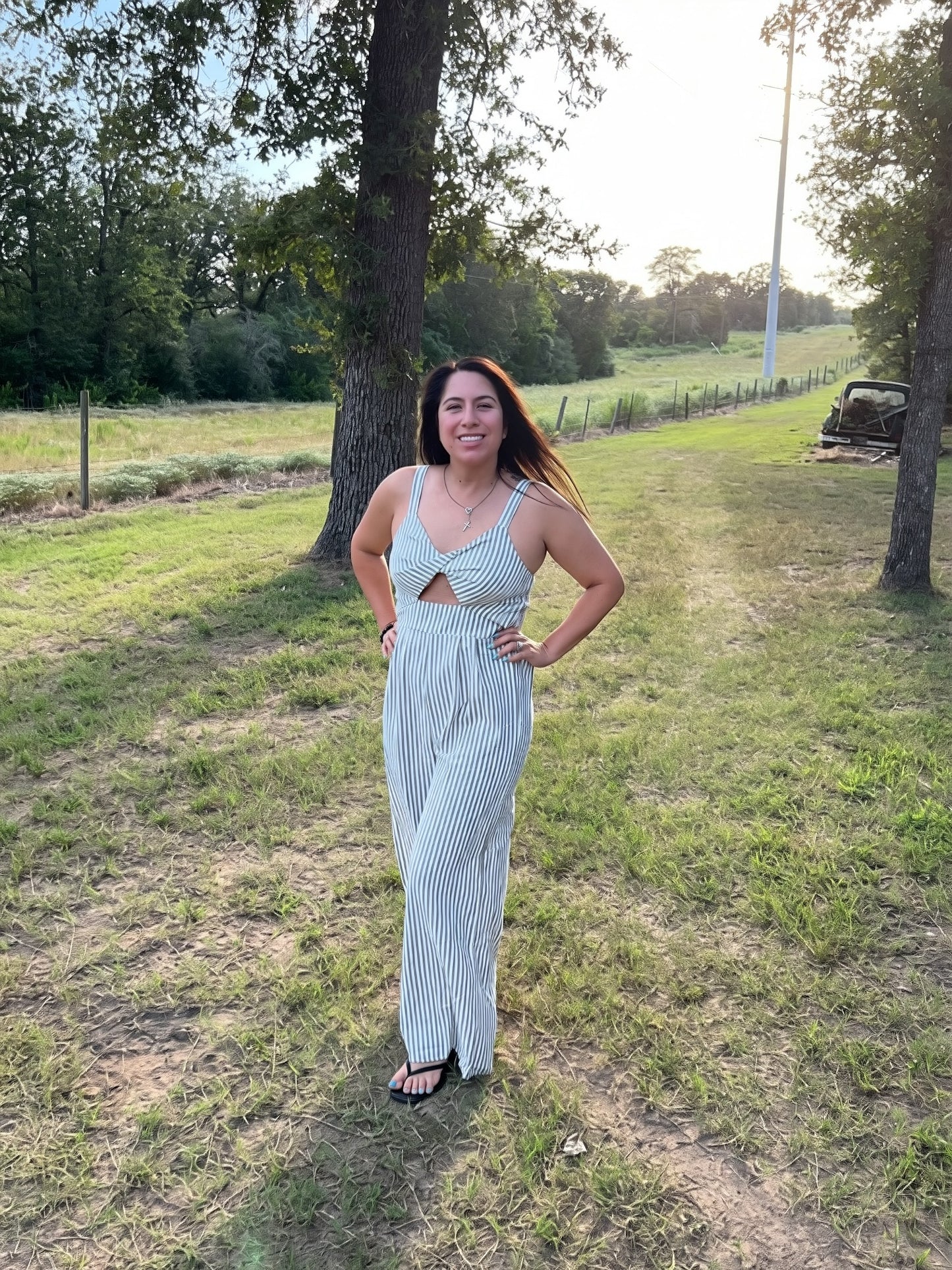 Striped Cutout Twist Front Wide Leg Jumpsuit