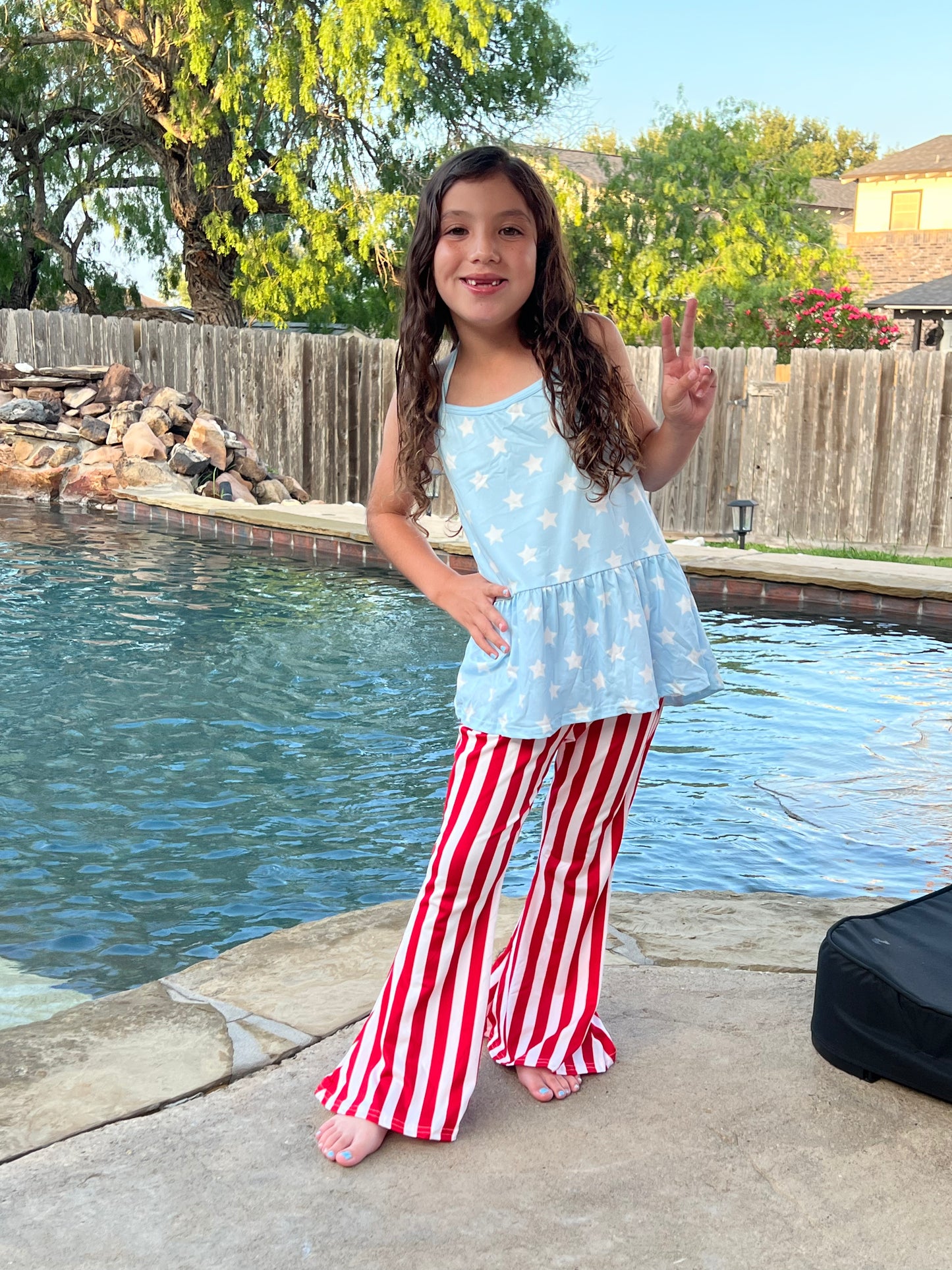 Girl's Light blue stars halter top stripe pants 4th of July Clothes