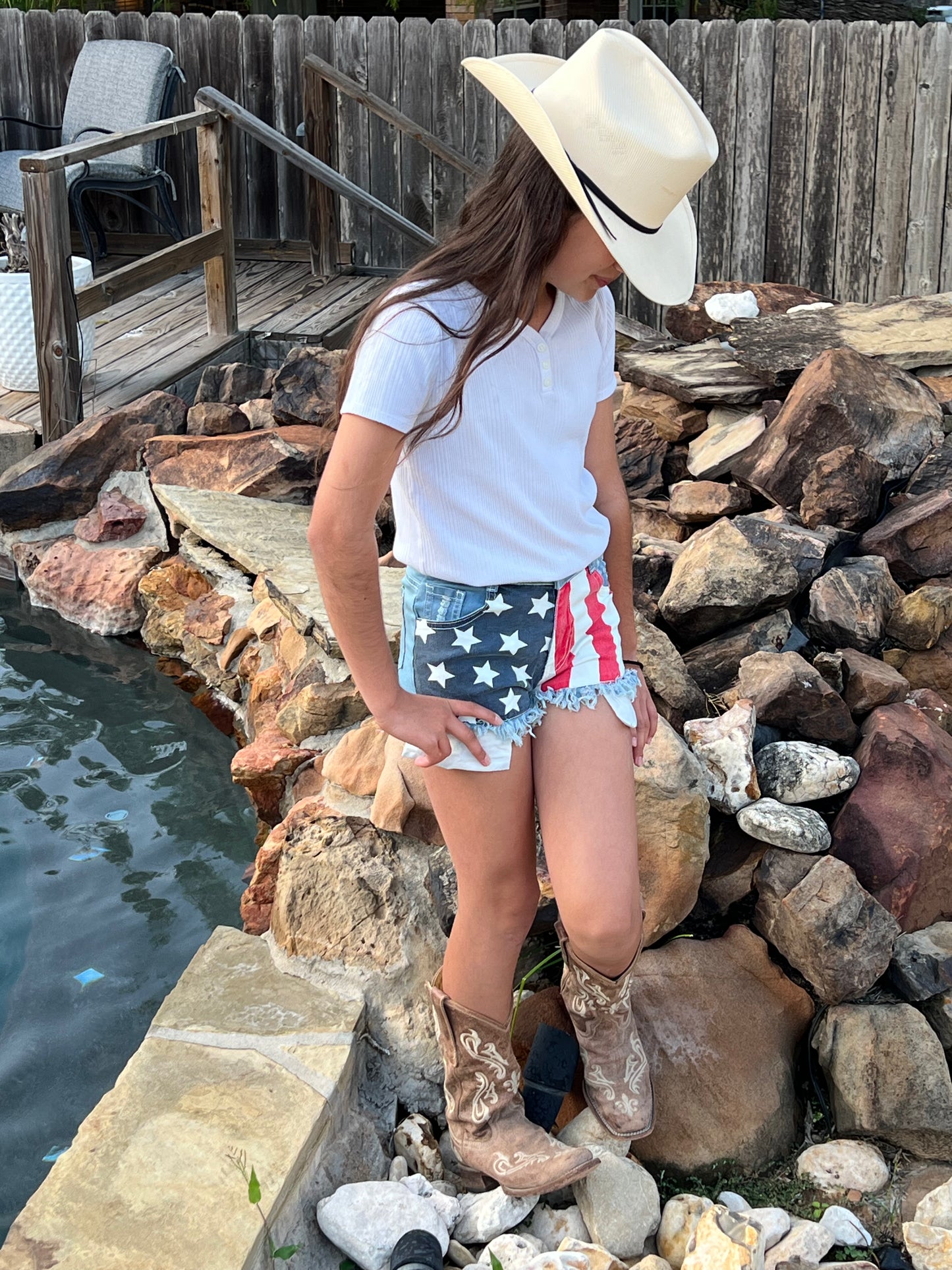 Stars stripe pockets girls 4th of july denim shorts