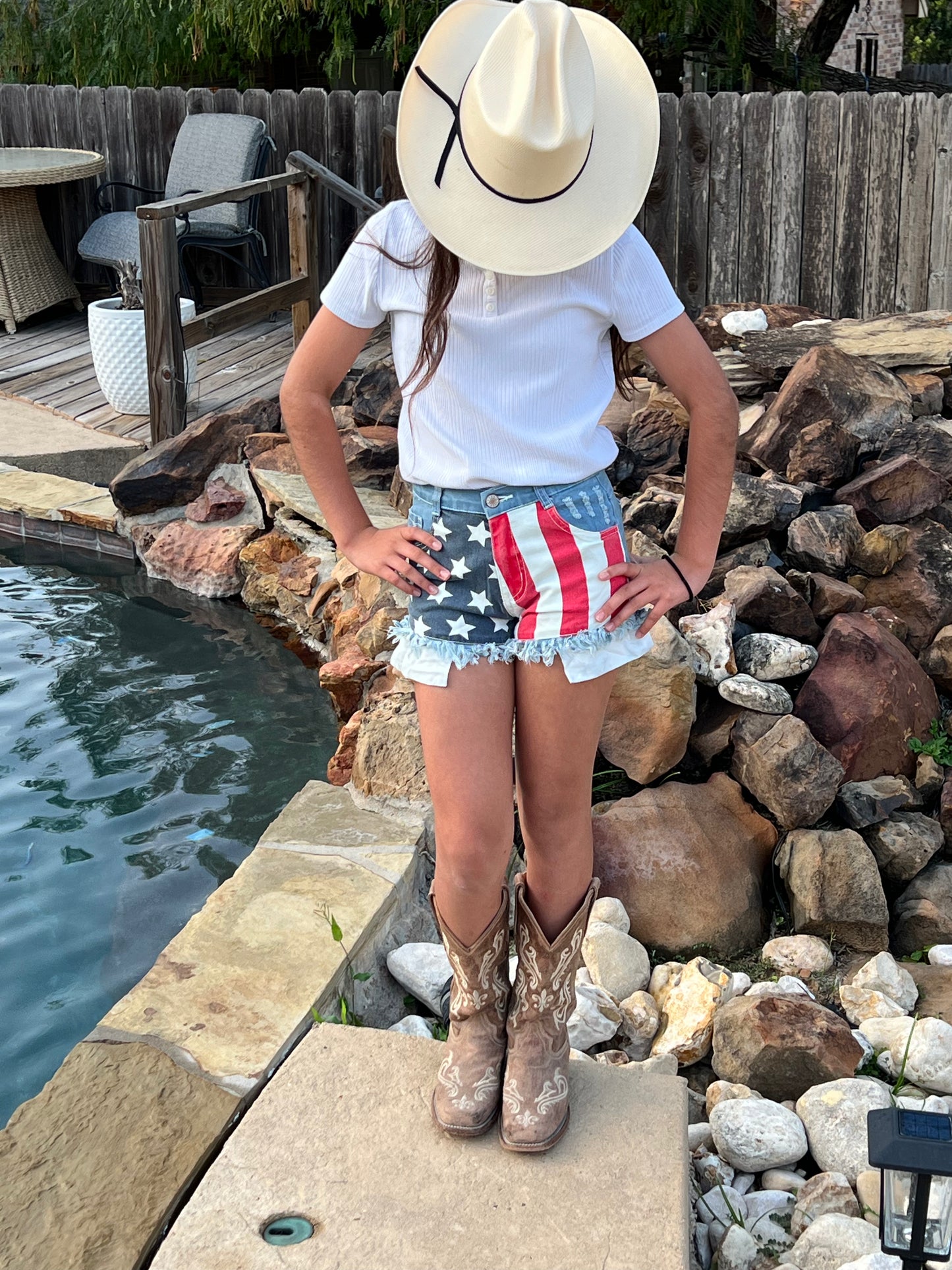 Stars stripe pockets girls 4th of july denim shorts