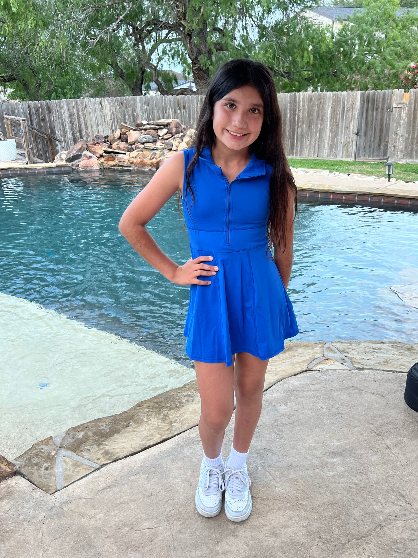 Blue sleeveless zipper athletic dress with shorts