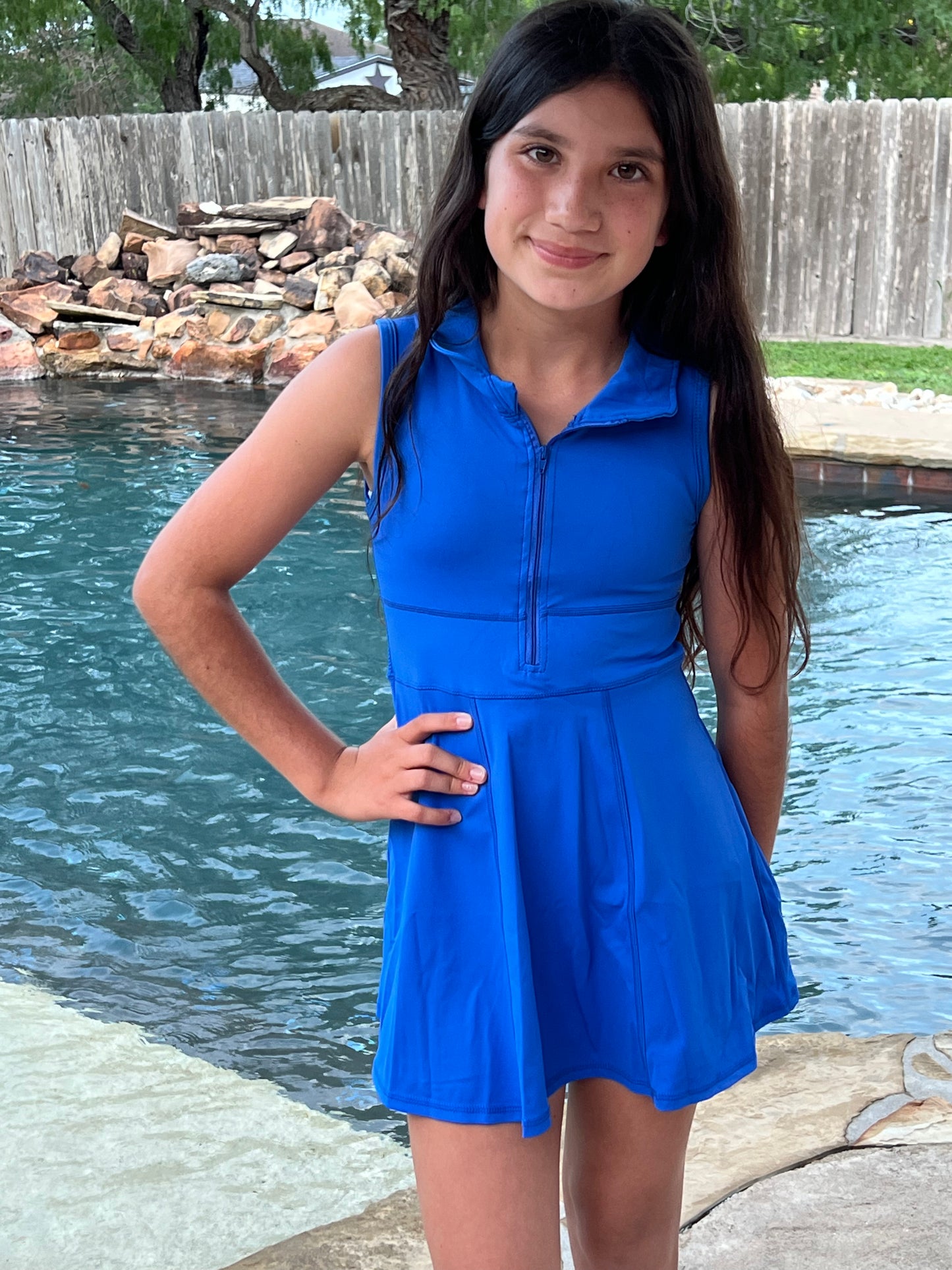 Blue sleeveless zipper athletic dress with shorts