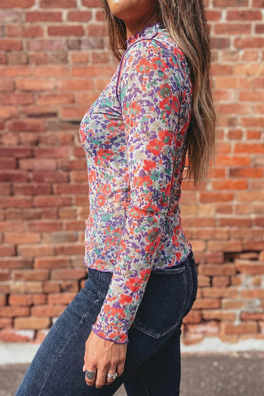Slim Fit Mesh Long Sleeve Mock Neck Top
