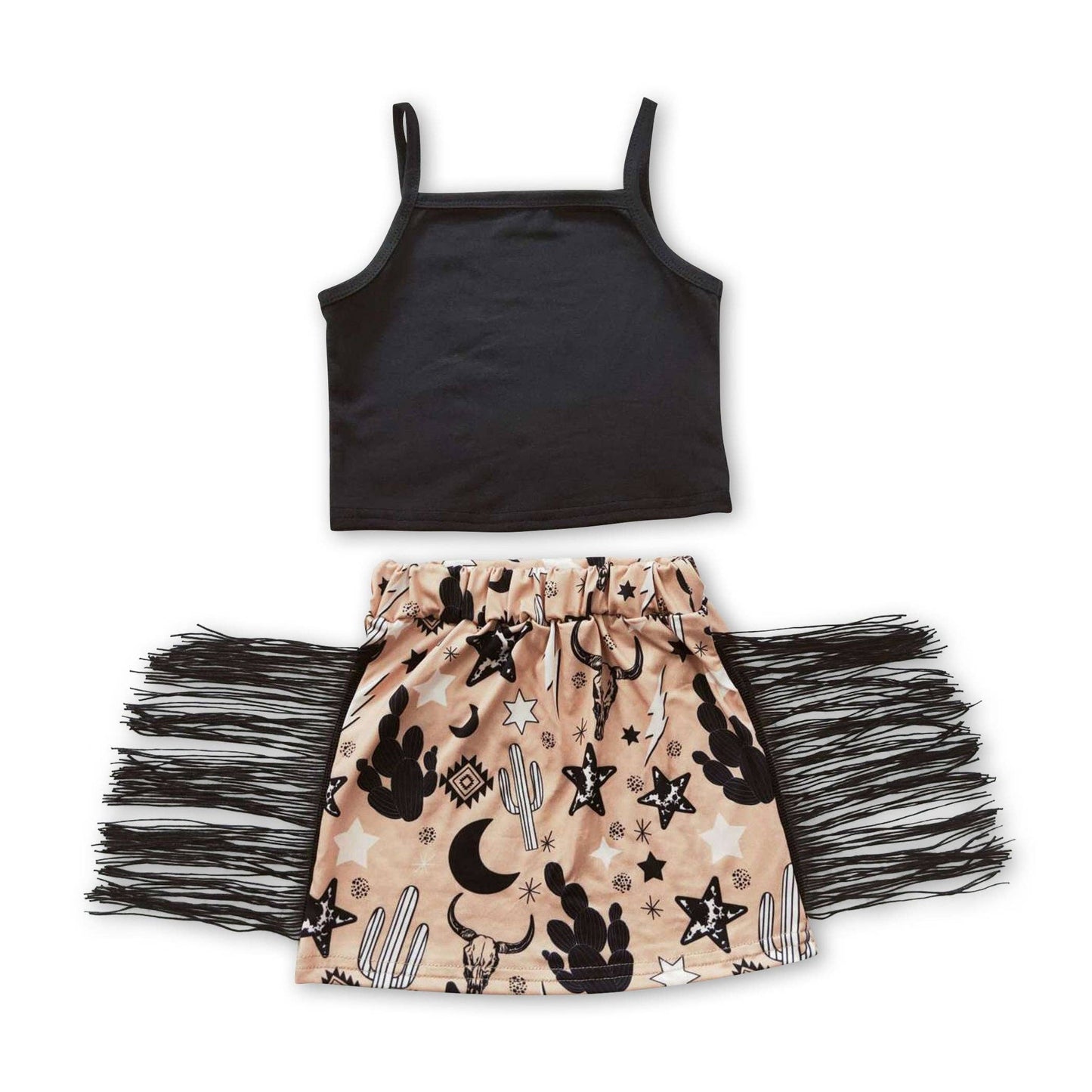 Sleeveless top bull skull cactus tassels skirt baby girls