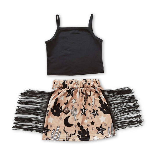 Sleeveless top bull skull cactus tassels skirt baby girls